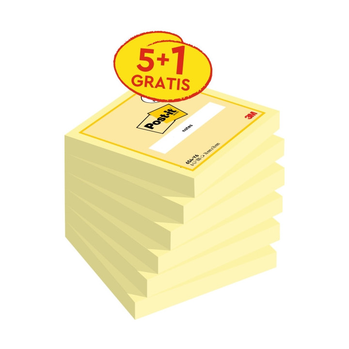 Post-It Pack de 6 Blocs de 100 Notas Adhesivas Reposicionables - 76x76mm - Promocion 5 Blocs + 1 Gratis - Color Amarillo Claro