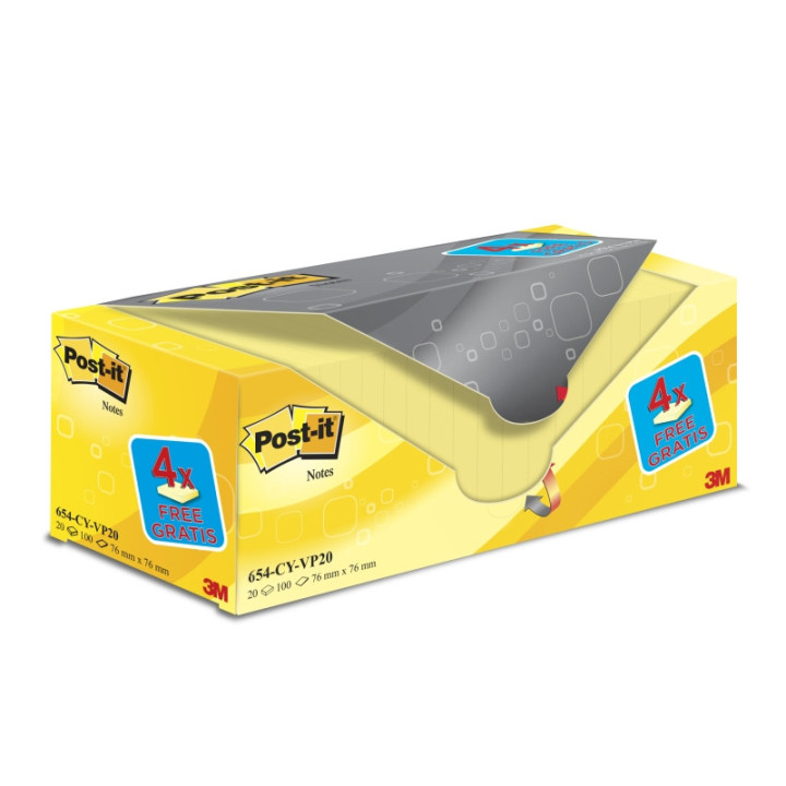 Post-It Pack de 20 Blocs de 100 Notas Adhesivas Reposicionables - Forma Cuadrada - 76x76mm - Color Amarillo Claro