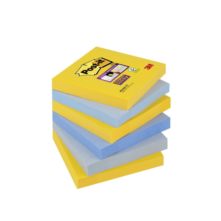 Post-It Super Sticky Pack de 6 Blocs de 90 Notas Adhesivas Reposicionables - Forma Cuadrada - 76x76mm - Colores Surtidos