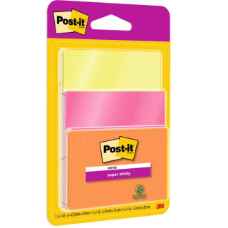 Post-It Super Sticky Pack de 3 Blocs de 45 Notas Adhesivas Reposicionables - Forma Cuadrada - Colores Surtidos