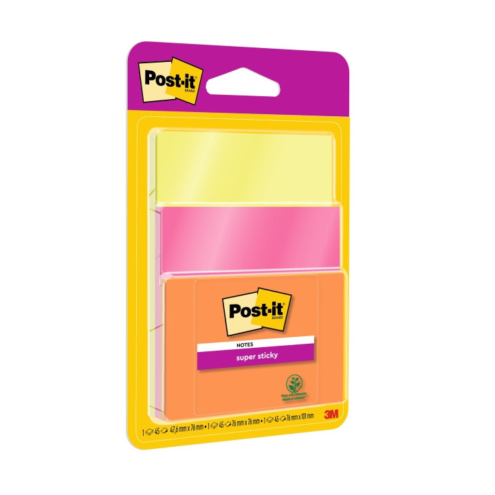 Post-It Super Sticky Pack de 3 Blocs de 45 Notas Adhesivas Reposicionables - Forma Cuadrada - Colores Surtidos