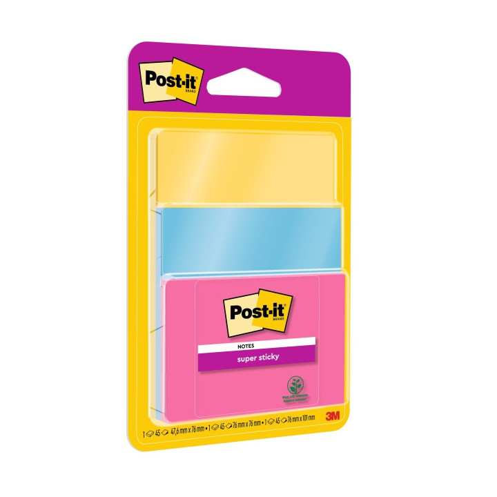 Post-It Super Sticky Pack de 3 Blocs de 45 Notas Adhesivas Reposicionables - Forma - Colores Surtidos