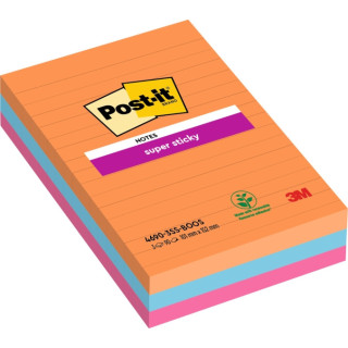 Post-It Super Sticky Pack de 3 Blocs de 90 Notas Adhesivas Reposicionables - Forma Rectangular - 101x101mm - Colores Surtidos