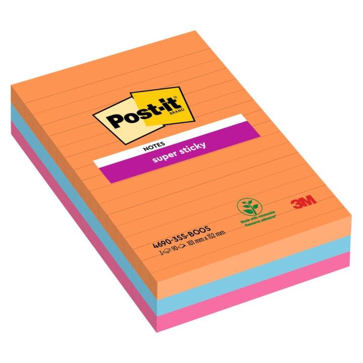 Post-It Super Sticky Pack de 3 Blocs de 90 Notas Adhesivas Reposicionables - Forma Rectangular - 101x101mm - Colores Surtidos