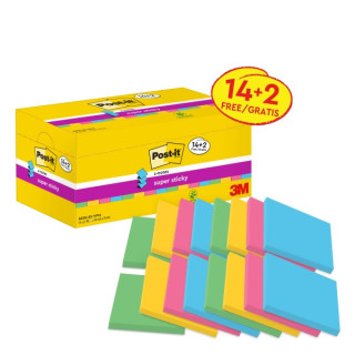 Post-It Super Sticky Pack de 16 Blocs de 90 Notas Adhesivas Reposicionables - Forma Cuadrada - 76x76mm - en Zig-Zag - Colores S