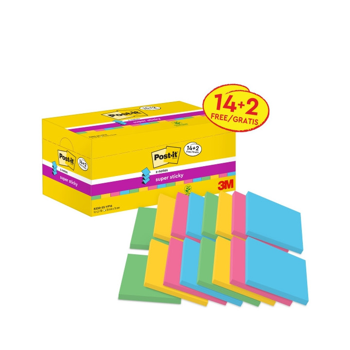 Post-It Super Sticky Pack de 16 Blocs de 90 Notas Adhesivas Reposicionables - Forma Cuadrada - 76x76mm - en Zig-Zag - Colores S