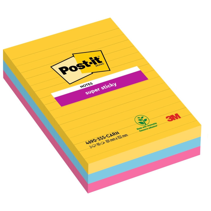 Post-It Super Sticky Pack de 3 Blocs de 90 Notas Adhesivas Reposicionables - Forma Rectangular - 101x152mm - Colores Surtidos
