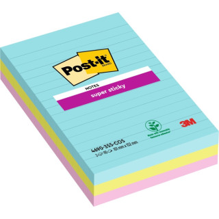 Post-It Super Sticky Pack de 3 Blocs de 90 Notas Adhesivas Reposicionables - Forma Rectangular - 101x152mm - Colores Surtidos