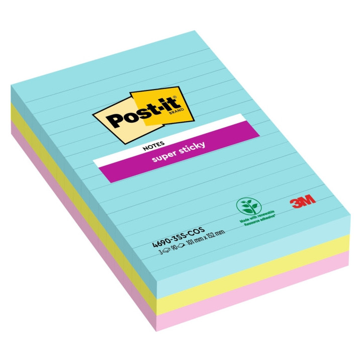 Post-It Super Sticky Pack de 3 Blocs de 90 Notas Adhesivas Reposicionables - Forma Rectangular - 101x152mm - Colores Surtidos