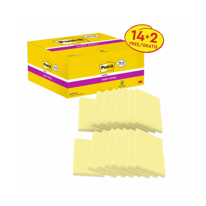 Post-It Super Sticky Pack de 16 Blocs de 90 Notas Adhesivas Reposicionables - Forma Rectangular - 76x127mm - Color Amarillo Cla