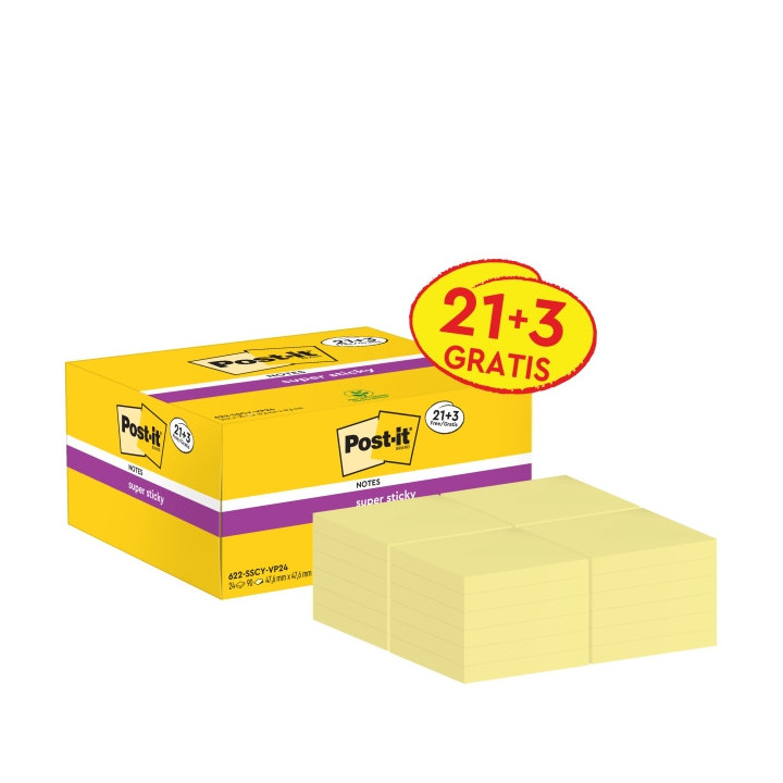 Post-It Super Sticky Pack de 24 Blocs de 90 Notas Adhesivas Reposicionables - 47.6x47.6mm - Promocion 21 Blocs + 3 Gratis - 100
