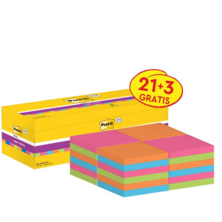 Post-It Super Sticky Pack de 24 Blocs de 90 Notas Adhesivas Reposicionables - 76x76mm - Promocion 21 Blocs + 3 Gratis - Colores