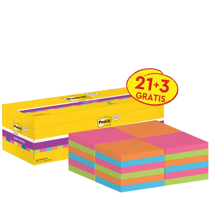 Post-It Super Sticky Pack de 24 Blocs de 90 Notas Adhesivas Reposicionables - 76x76mm - Promocion 21 Blocs + 3 Gratis - Colores