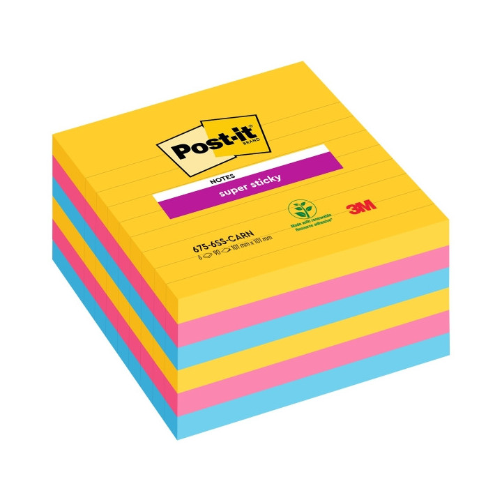 Post-It Super Sticky Pack de 6 Blocs de 90 Notas Adhesivas Reposicionables - Forma Cuadrada - 101x101mm - Colores Surtidos