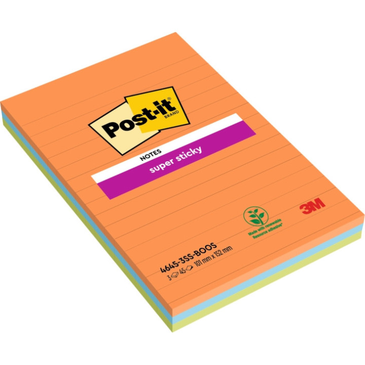 Post-It Super Sticky Pack de 3 Blocs de 45 Notas Adhesivas Reposicionables - Forma Rectangular - 101x152mm - Colores Surtidos