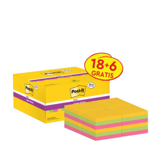 Post-It Super Sticky Pack de 24 Blocs de 90 Notas Adhesivas Reposicionables - 47.6x47.6mm - Promocion 18 Blocs + 6 Gratis - Col