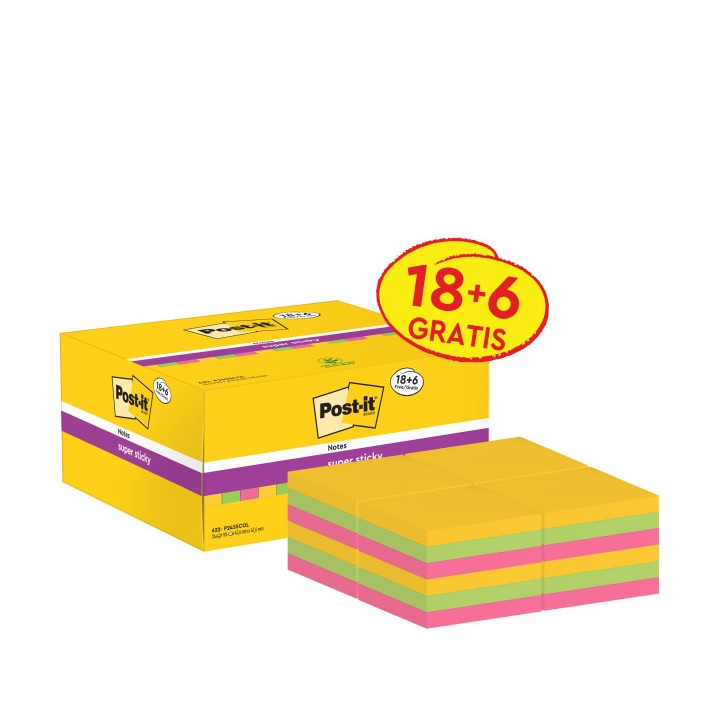 Post-It Super Sticky Pack de 24 Blocs de 90 Notas Adhesivas Reposicionables - 47.6x47.6mm - Promocion 18 Blocs + 6 Gratis - Col