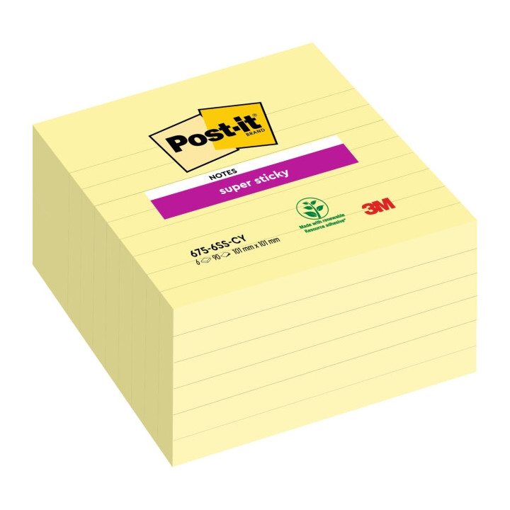 Post-It Super Sticky Pack de 6 Blocs de 90 Notas Grandes Adhesivas Reposicionables - 101x101mm - Color Amarillo Claro