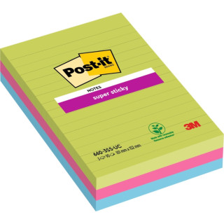 Post-It Super Sticky Pack de 3 Blocs de 90 Notas Grandes Adhesivas Reposicionables - con Lineas - 100% PEFC - Colores Surtidos