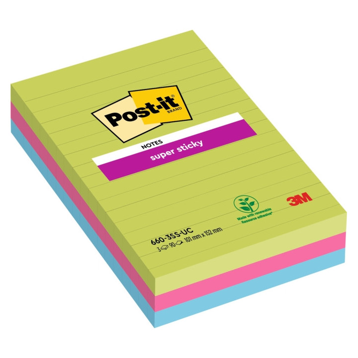 Post-It Super Sticky Pack de 3 Blocs de 90 Notas Grandes Adhesivas Reposicionables - con Lineas - 100% PEFC - Colores Surtidos