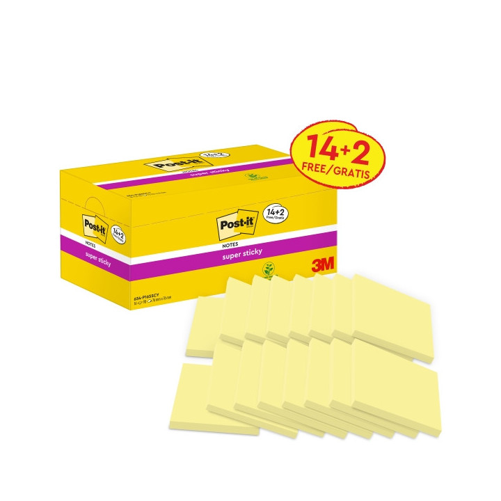 Post-It Super Sticky Pack de 16 Blocs de 90 Notas Adhesivas Reposicionables - Forma Cuadrada - 76x76mm - Color Amarillo Claro