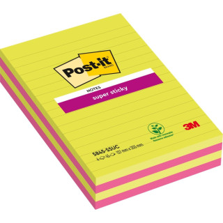 Post-It Super Sticky Pack de 4 Blocs de 45 Notas Grandes Adhesivas Reposicionables - con Lineas - 100% PEFC - Colores Surtidos