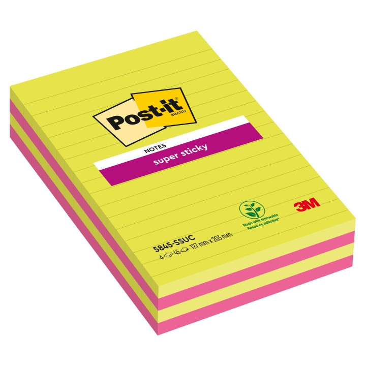 Post-It Super Sticky Pack de 4 Blocs de 45 Notas Grandes Adhesivas Reposicionables - con Lineas - 100% PEFC - Colores Surtidos