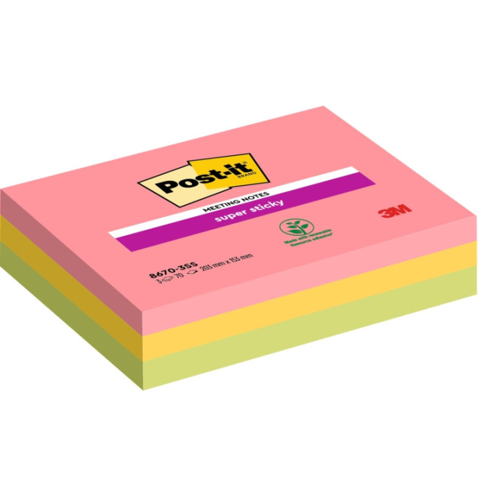 Post-It Super Sticky Pack de 3 Blocs de 70 Notas para Reuniones Adhesivas Reposicionables - 203x153mm - Colores Surtidos
