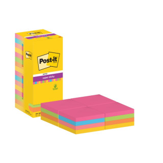 Post-It Super Sticky Pack de 16 Blocs de 90 Notas Adhesivas Reposicionables - 76x76mm - 100% PEFC - Colores Surtidos