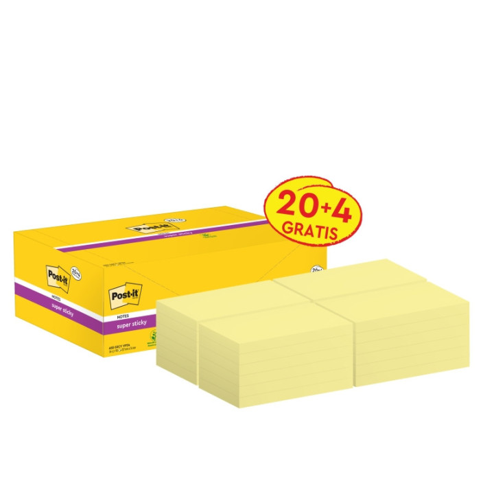 Post-It Super Sticky Pack de 24 Blocs de 90 Pack de 24 Blocs de 90 Notas Adhesivas Reposicionables - 76x127mm - Color Amarillo