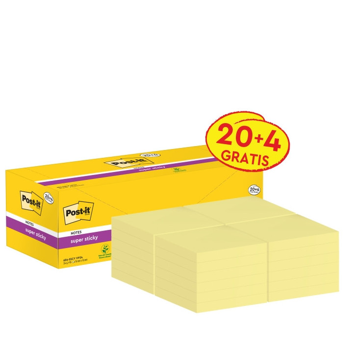 Post-It Super Sticky Pack de 24 Blocs de 90 Notas Adhesivas Reposicionables - 76x76mm - Promocion 20 Blocs + 4 Gratis - Paquete