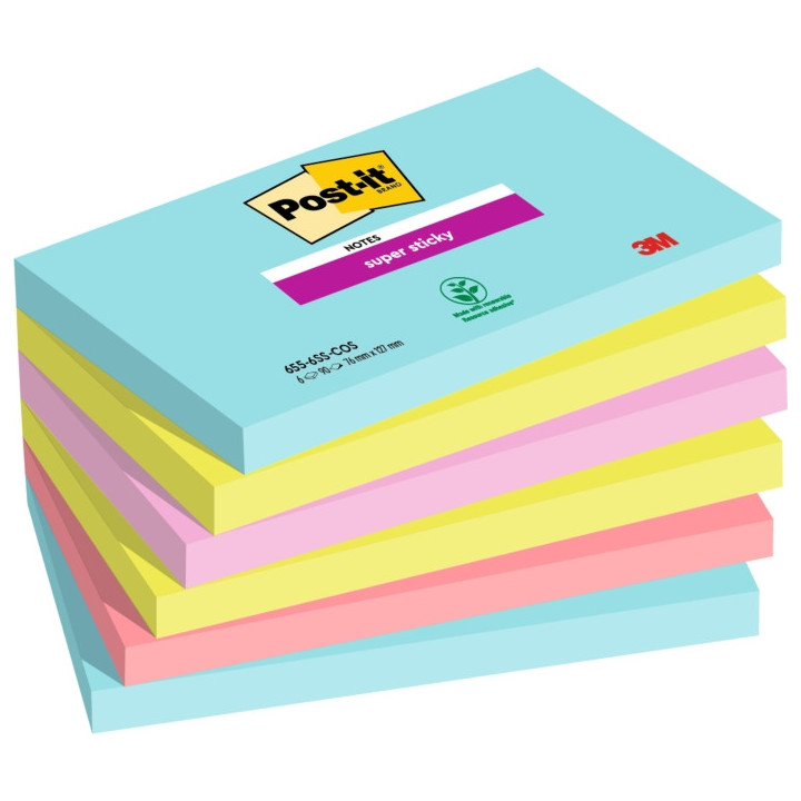 Post-It Super Sticky Pack de 6 Blocs de 90 Notas Adhesivas Reposicionables - Forma Rectangular - Colores Surtidos