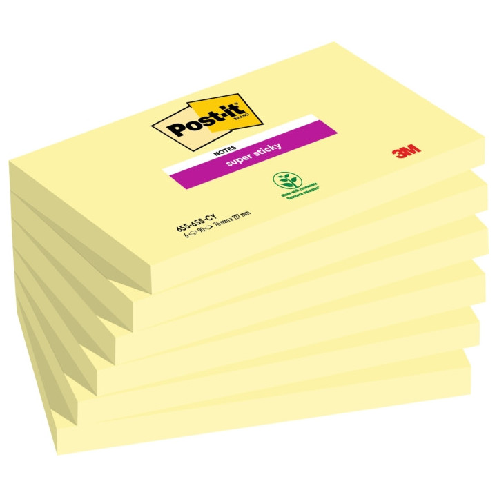 Post-It Super Sticky Pack de 6 Blocs de 90 Notas Adhesivas Reposicionables - Forma Rectangular - Color Amarillo Claro