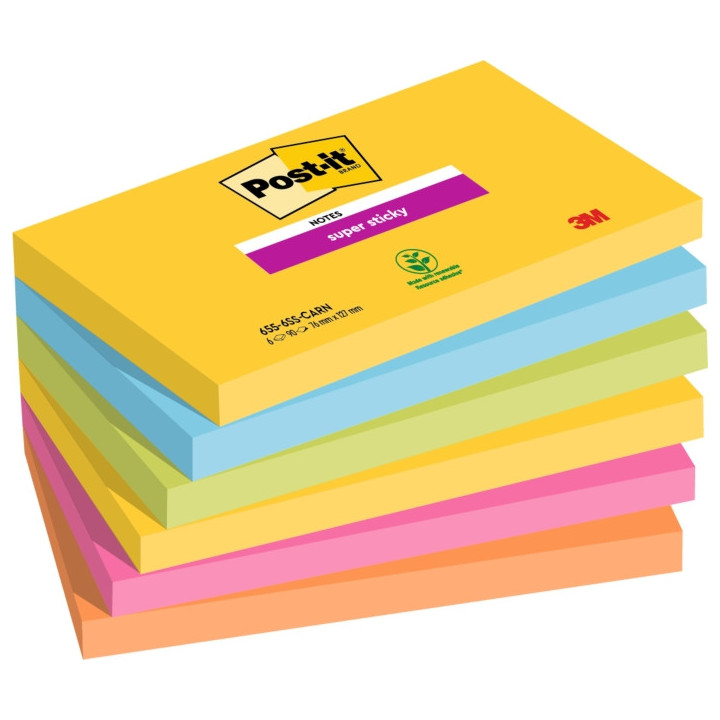 Post-It Super Sticky Pack de 6 Blocs de 90 Notas Adhesivas Reposicionables - Forma Rectangular - Colores Surtidos