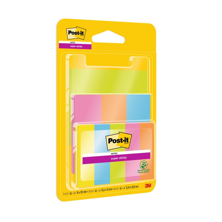 Post-It Super Sticky Pack de 9 Blocs de 45 Notas Adhesivas Reposicionables - 100% PEFC - Colores Surtidos