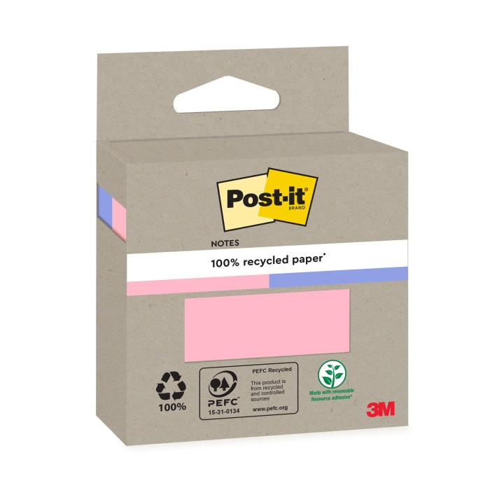 Post-It Pack de 2 Blocs de 100 Notas Adhesivas Recicladas - Forma Cuadrada - Colores Surtidos