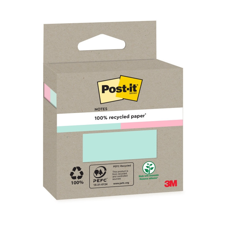 Post-It Pack de 2 Blocs de 100 Notas Adhesivas Recicladas - Forma Cuadrada - Colores Surtidos