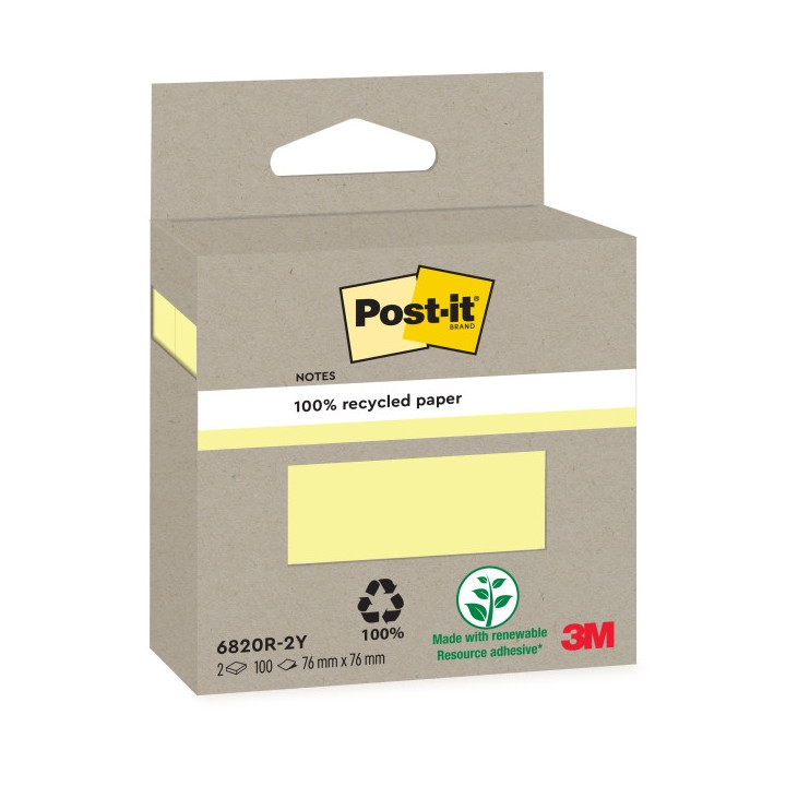 Post-It Pack de 2 Blocs de 100 Notas Adhesivas Recicladas - Forma Cuadrada - Color Amarillo Claro