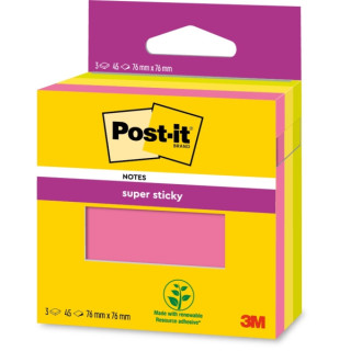 Post-It Super Sticky Pack de 3 Blocs de 45 Notas Adhesivas Reposicionables - 76x76mm - 100% PEFC - Colores Surtidos
