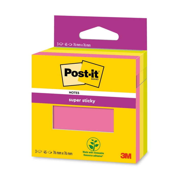 Post-It Super Sticky Pack de 3 Blocs de 45 Notas Adhesivas Reposicionables - 76x76mm - 100% PEFC - Colores Surtidos