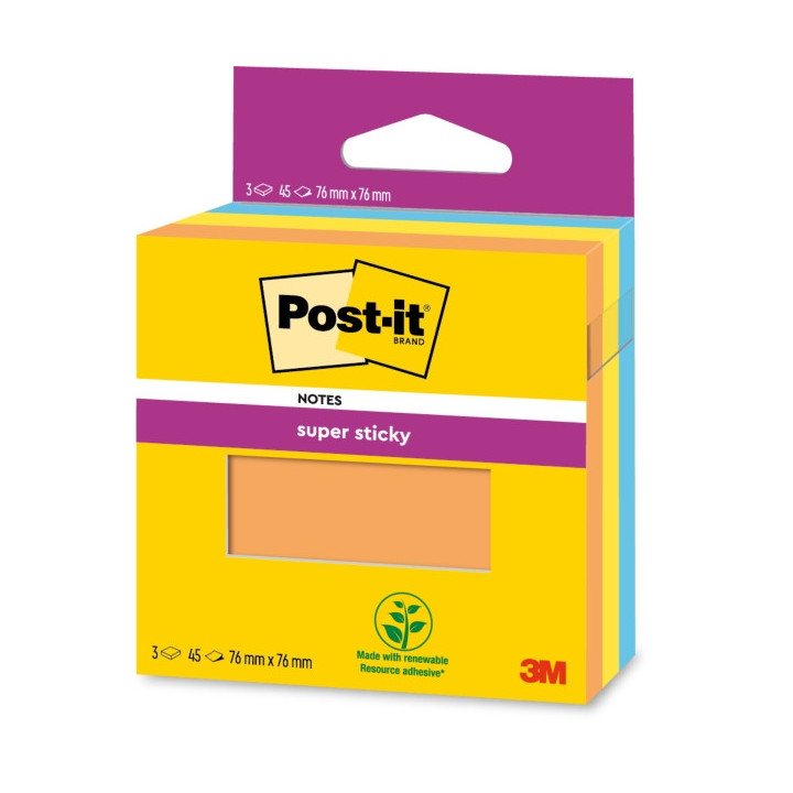 Post-It Super Sticky Pack de 3 Blocs de 45 Notas Adhesivas Reposicionables - 100% PEFC - Color Naranja