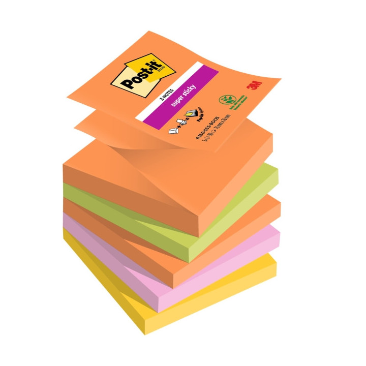 Post-It Super Sticky Pack de 5 Blocs de 90 Notas Adhesivas Reposicionables - Forma Cuadrada - 76x76mm - en Zig-Zag - Colores Su