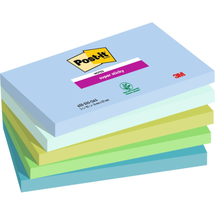 Post-It Super Sticky Pack de 5 Blocs de 90 Notas Adhesivas Reposicionables - Forma Rectangular - 127x76mm - Colores Surtidos
