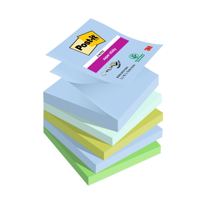 Post-It Super Sticky Pack de 5 Blocs de 90 Notas Adhesivas Reposicionables - Forma Cuadrada - 76x76mm - en Zig-Zag - Colores Su