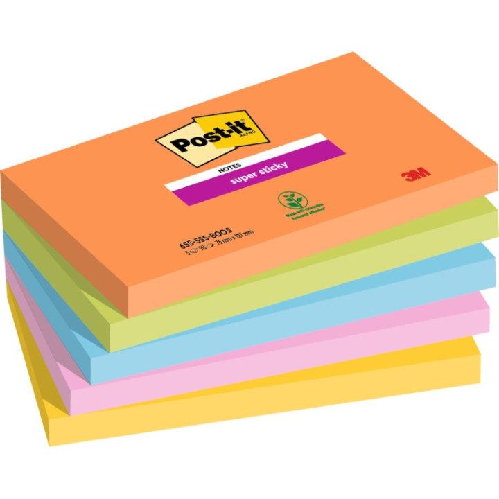 Post-It Super Sticky Pack de 5 Blocs de 90 Notas Adhesivas Reposicionables - Forma Rectangular - 127x76mm - Colores Surtidos