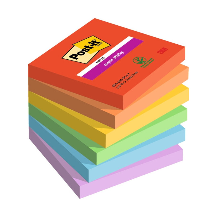 Post-It Super Sticky Pack de 6 Blocs de 90 Notas Adhesivas Reposicionables - Forma Cuadrada - 76x76mm - Colores Surtidos