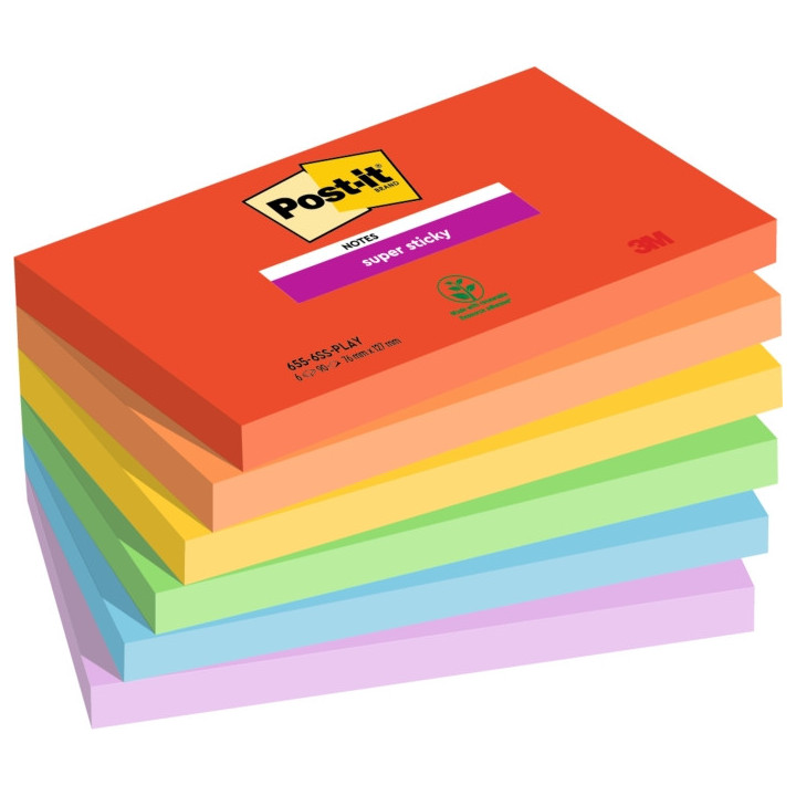 Post-It Super Sticky Pack de 6 Blocs de 90 Notas Adhesivas Reposicionables - Forma Rectangular - 127x76mm - Colores Surtidos
