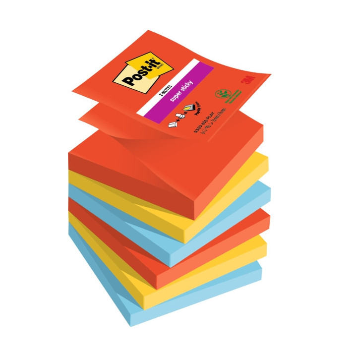 Post-It Super Sticky Pack de 6 Blocs de 90 Notas Adhesivas Reposicionables - Forma Cuadrada - 76x76mm - en Zig-Zag - Colores Su