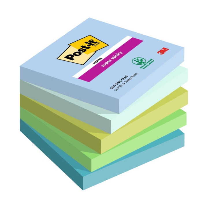 Post-It Super Sticky Pack de 5 Blocs de 90 Notas Adhesivas Reposicionables - Forma Cuadrada - 76x76mm - Colores Surtidos