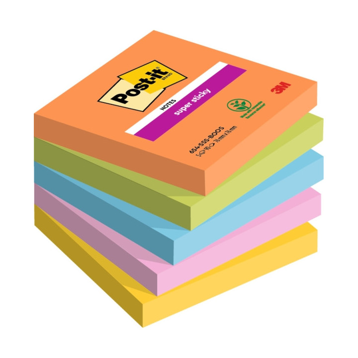 Post-It Super Sticky Pack de 5 Blocs de 90 Notas Adhesivas Reposicionables - Forma Cuadrada - 76x76mm - Colores Surtidos